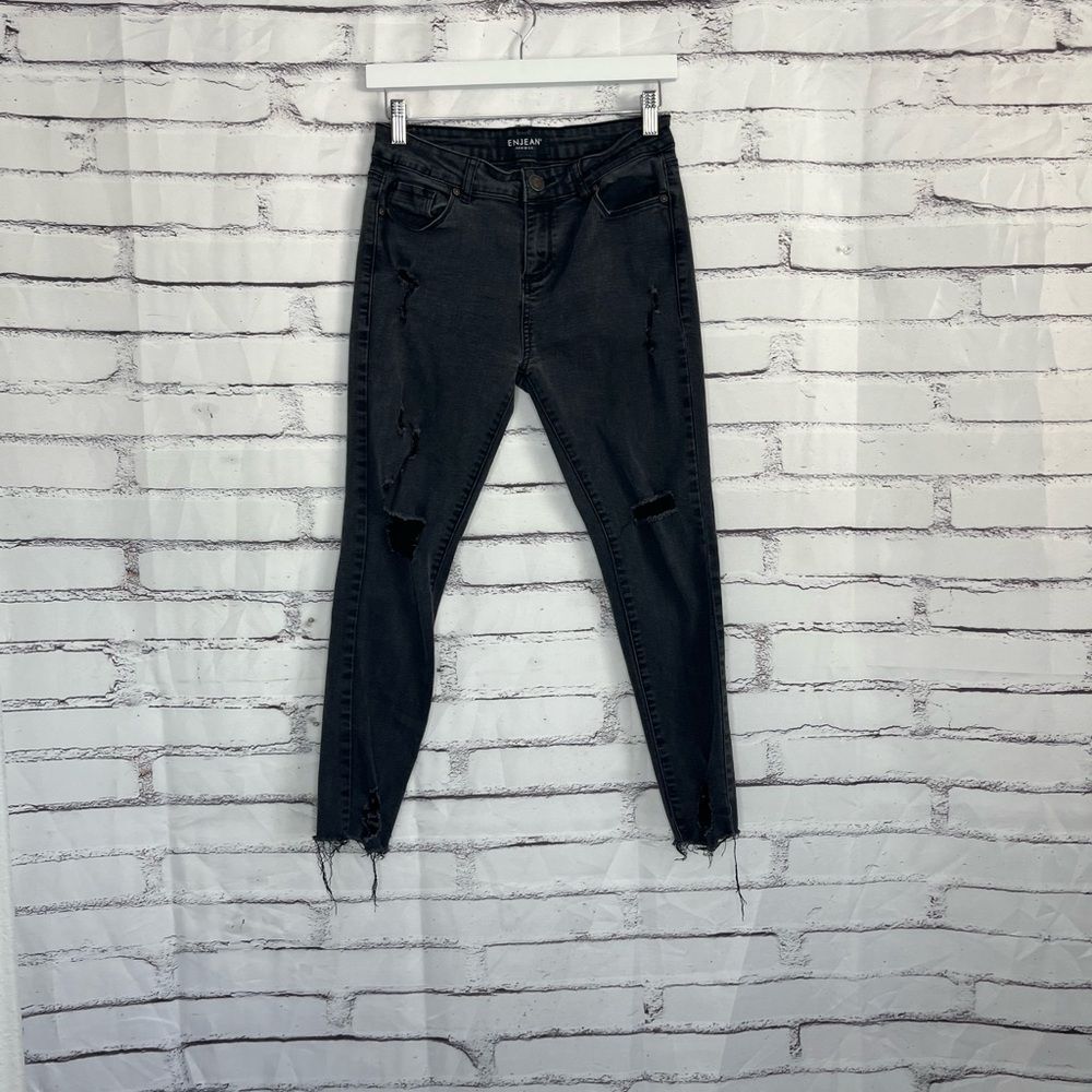 Enjean High Rise Skinny Jeans Charcoal Black Distressed Raw Hem Women’s 9/29 Y2K